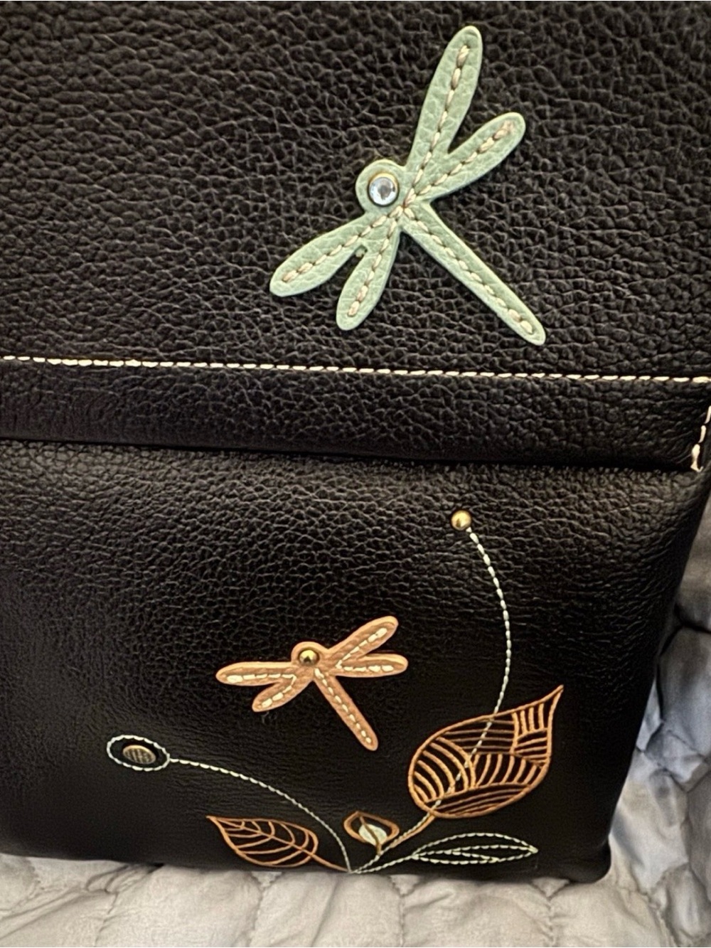 Chala Black Shoulder Bag with Mint and Tan Dragonfly Accents